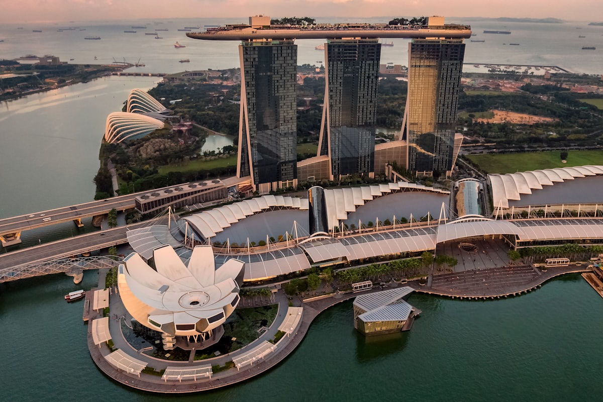 Marina Bay and the Singapore city skyline from above