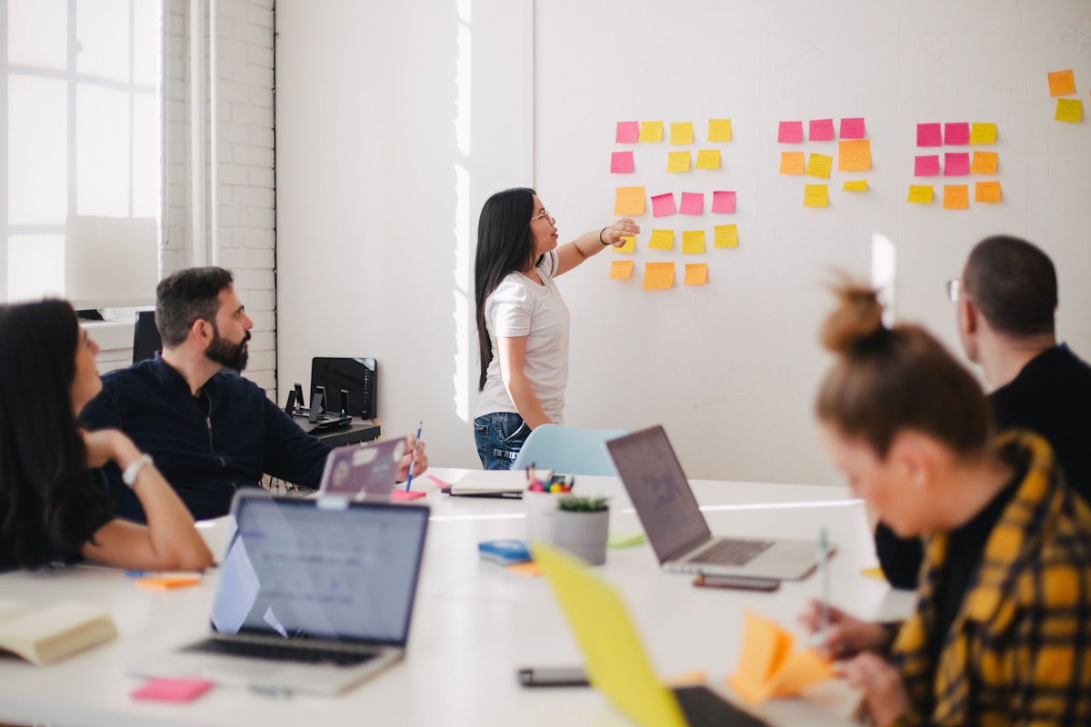 A discovery workshop in progress with sticky notes on a whiteboard